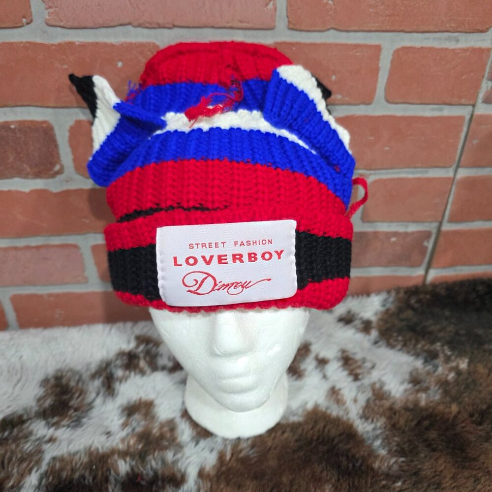 Loverboy Cat Ears Hat Winter Hat Knit Hat Funky Punk Streetwear RED WHITE BLUE